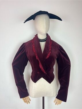 Vintage GUNNE SAX 70s Women's Burgundy Velvet Ruffled Double Breasted Jacket S M